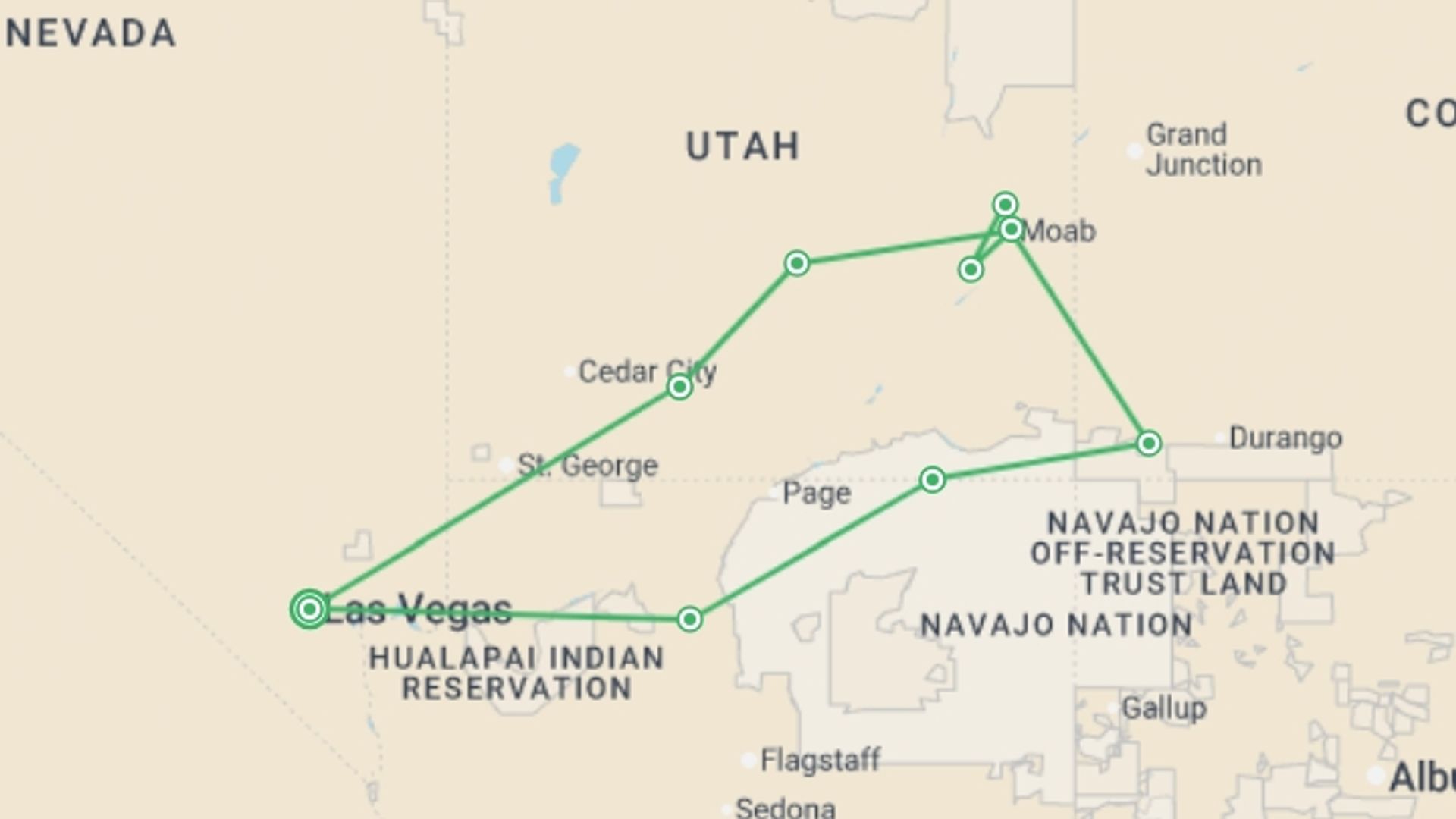 A map showing the tour itinerary for the trip: Wonders of the American West, starting in Las Vegas, USA and ending in Las Vegas, USA going through 5 other destinations.