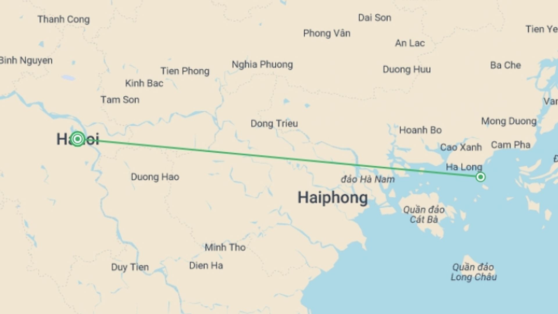 A map showing the tour itinerary for the trip: Halong Bay Junk Cruise Independent Short Break, starting in Hanoi, Vietnam and ending in Hanoi, Vietnam going through 1 other destinations.