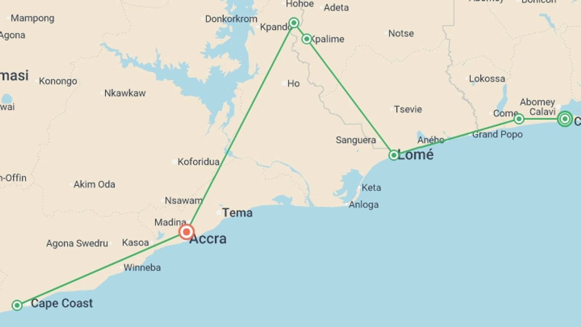 A map showing the tour itinerary for the trip: Benin, Togo & Ghana Adventure, starting in Cotonou, Benin and ending in Accra, Ghana going through 5 other destinations.