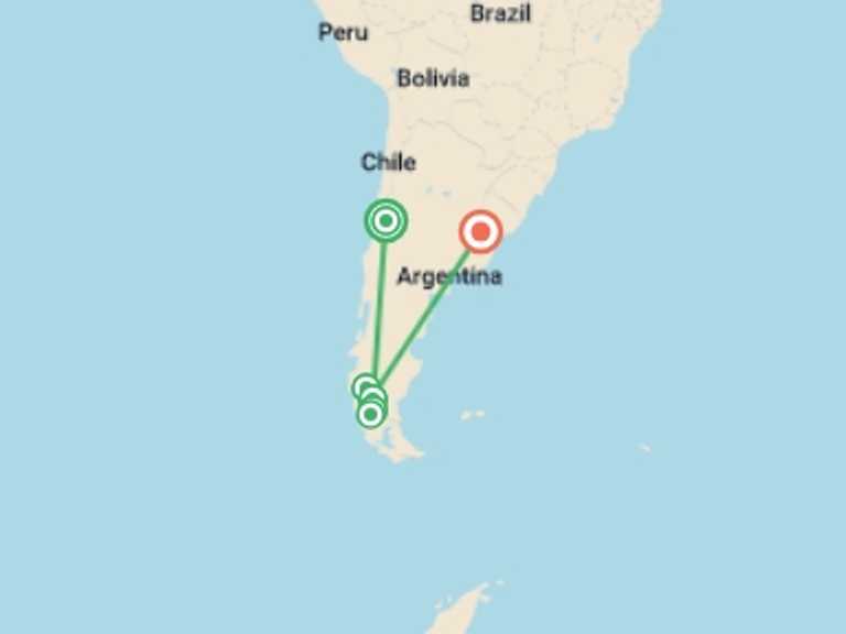 Map itinerary of Puerto Natales Tour in December 2026 with 6 destination visits for the trip: Chile & Argentina: Capital Cities & Hiking Patagonia