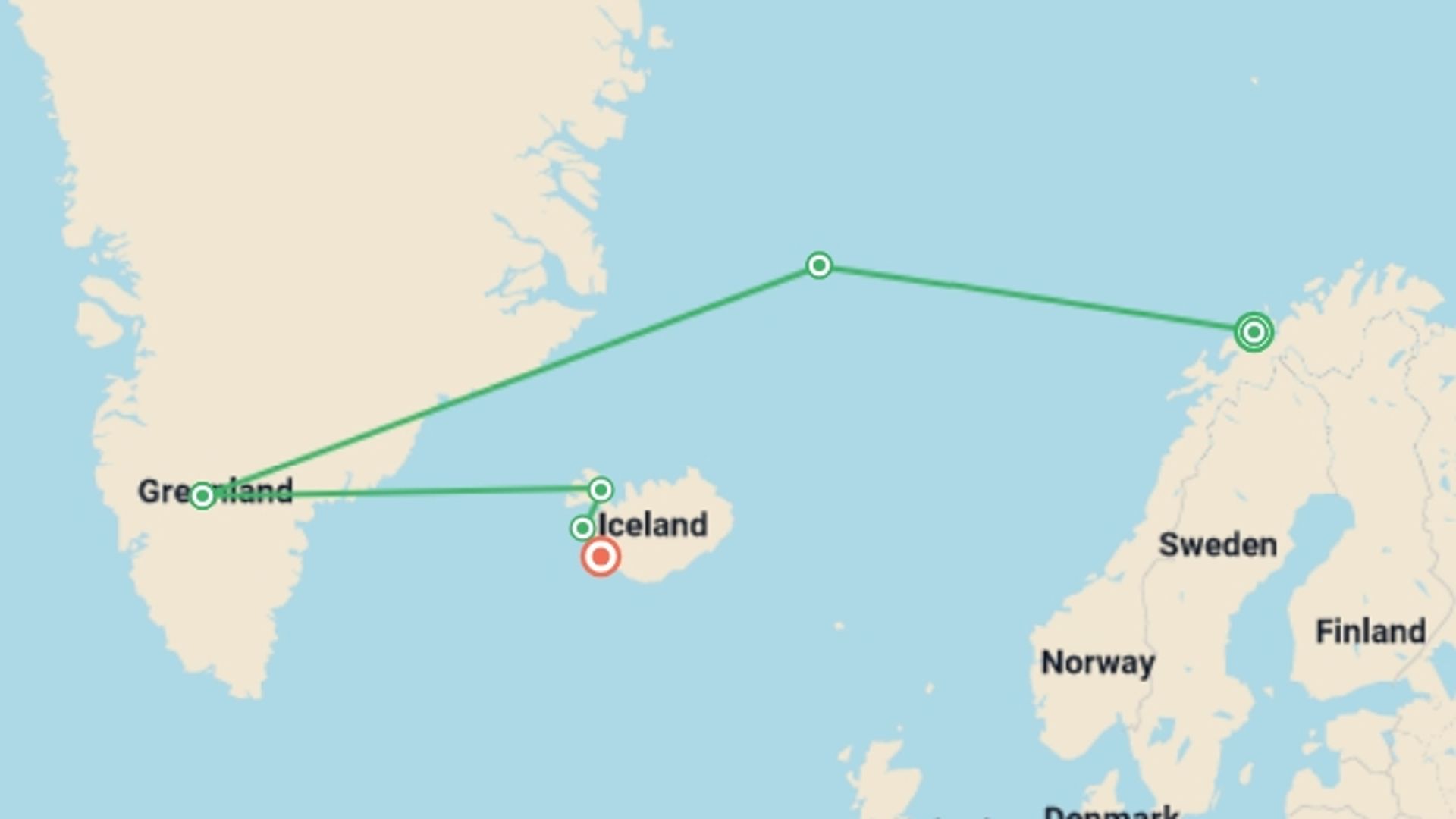 A map showing the tour itinerary for the trip: Northern Lights Explorer - Douglas Mawson, starting in Tromso, Norway and ending in Reykjavik, Iceland going through 4 other destinations.
