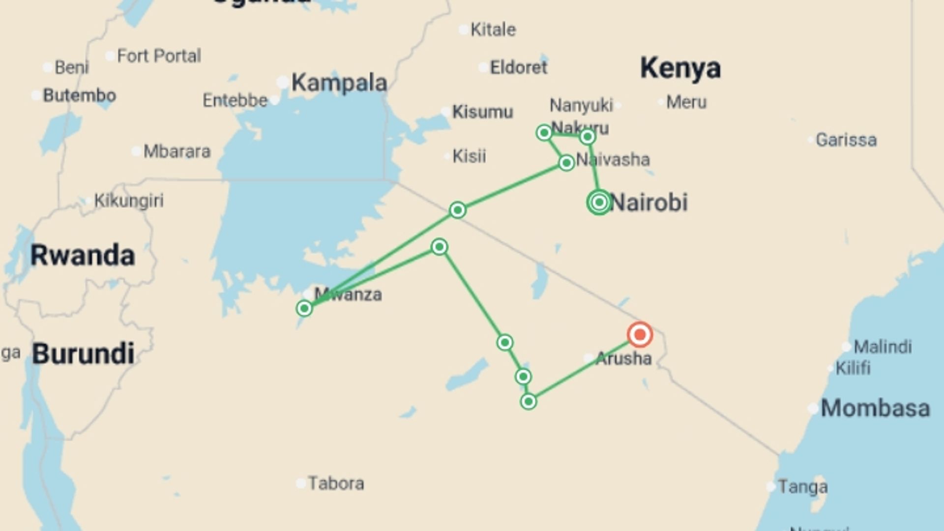 A map showing the tour itinerary for the trip: Kenya & Tanzania Safari Adventure, starting in Nairobi, Kenya and ending in Kilimanjaro, Tanzania going through 9 other destinations.