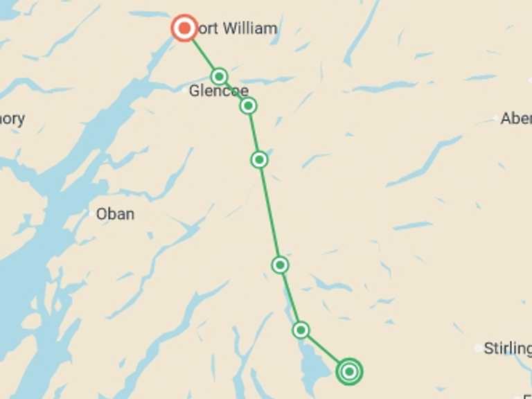 Map of Scotland Sightseeing Tour with 7 destination visits for the trip: Walking the West Highland Way - 8 Days