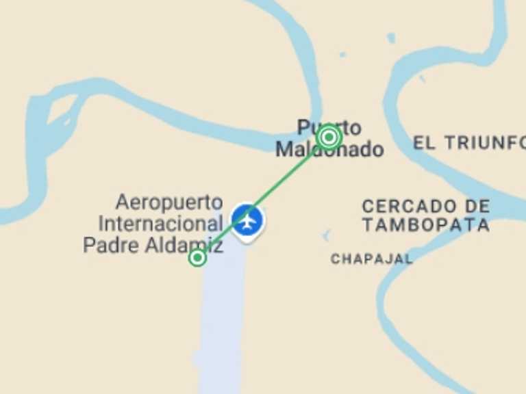 Map of Puerto Maldonado Adventure Tour with 2 destination visits for the trip: Puerto Maldonado Amazon Superior Lodge 5D/4N (from Puerto Maldonado)