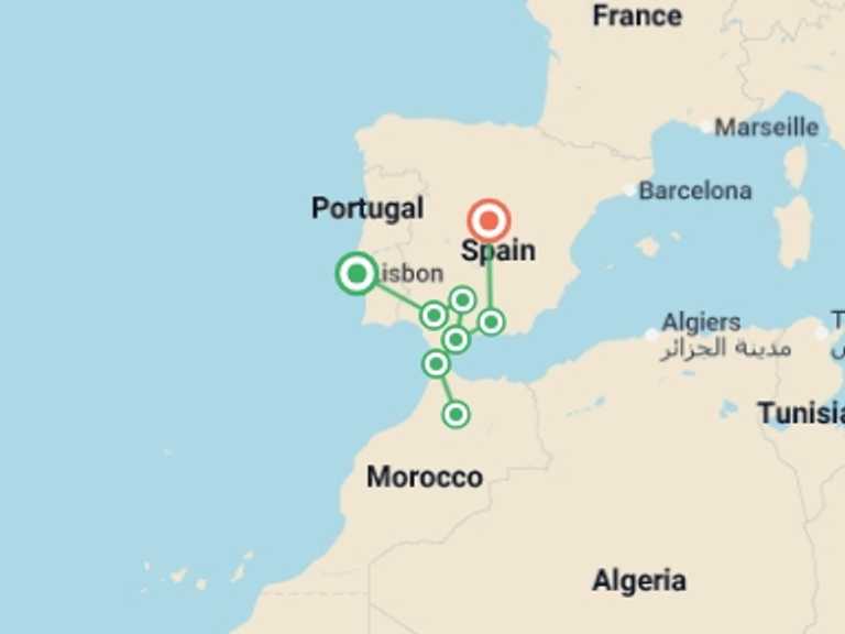 Map of Europe Tour with 8 destination visits for the trip: Lisbon, Andalucia & Morocco - 10 days