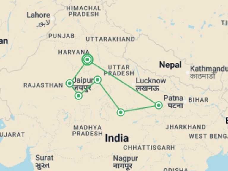 Map of India Cultural, religious and historic sites Tour with 6 destination visits for the trip: Mysteries of India 
