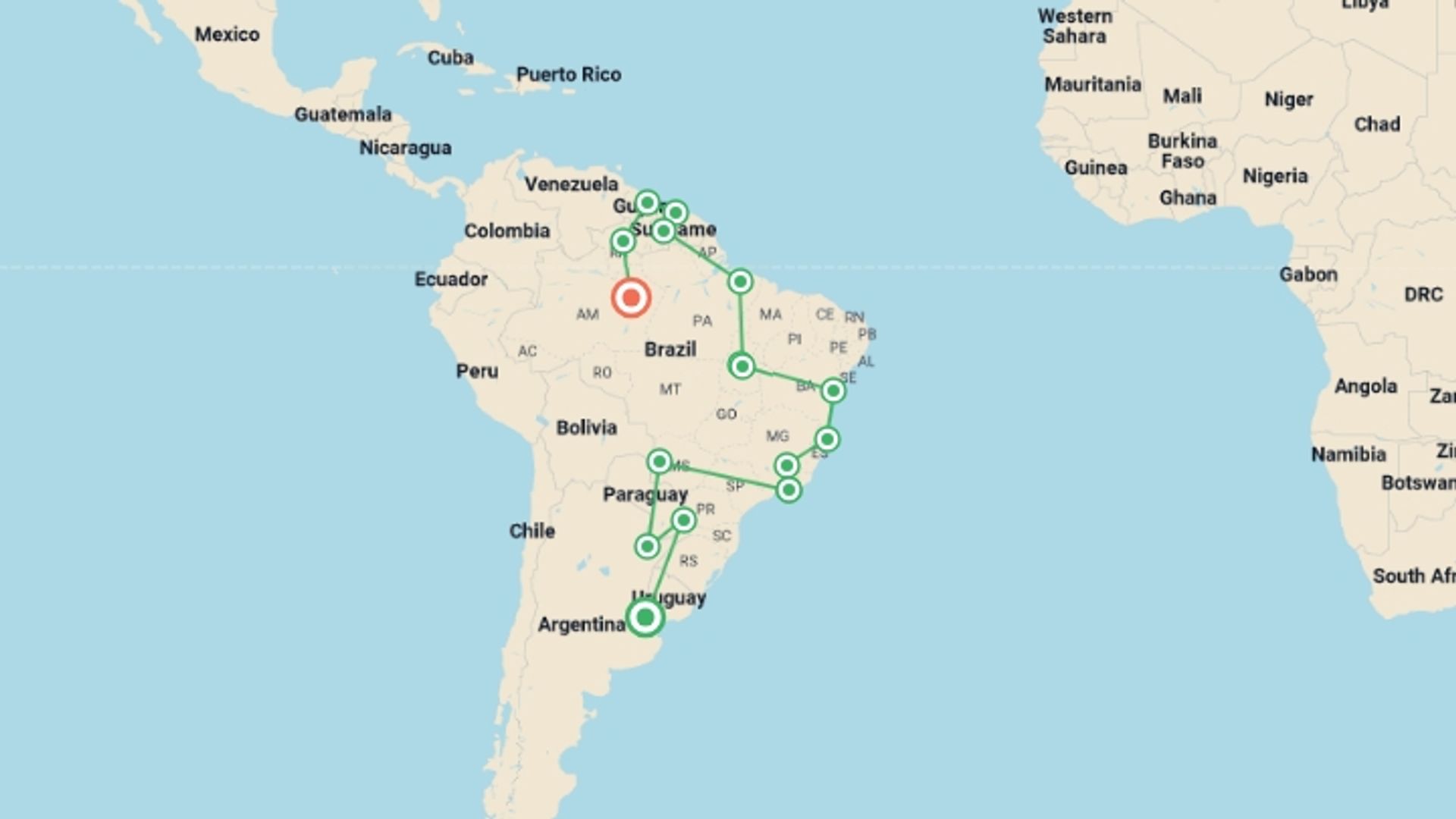 A map showing the tour itinerary for the trip: Cartagena To Manaus Inc. Guianas, starting in Buenos Aires, Argentina and ending in Manaus, Brazil going through 15 other destinations.