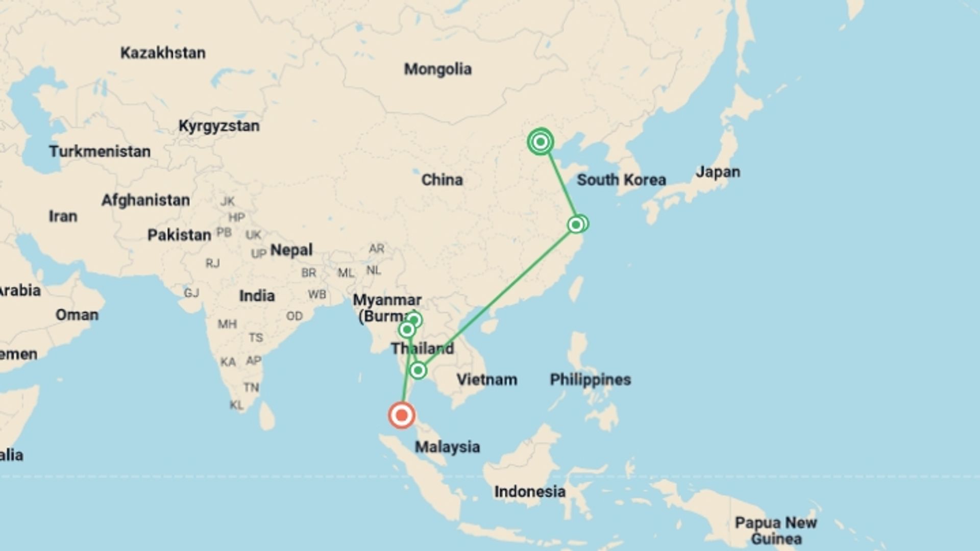 A map showing the tour itinerary for the trip: China & Thailand Cultural Treasures - 16 days, starting in Beijing, China and ending in Phuket, Thailand going through 6 other destinations.