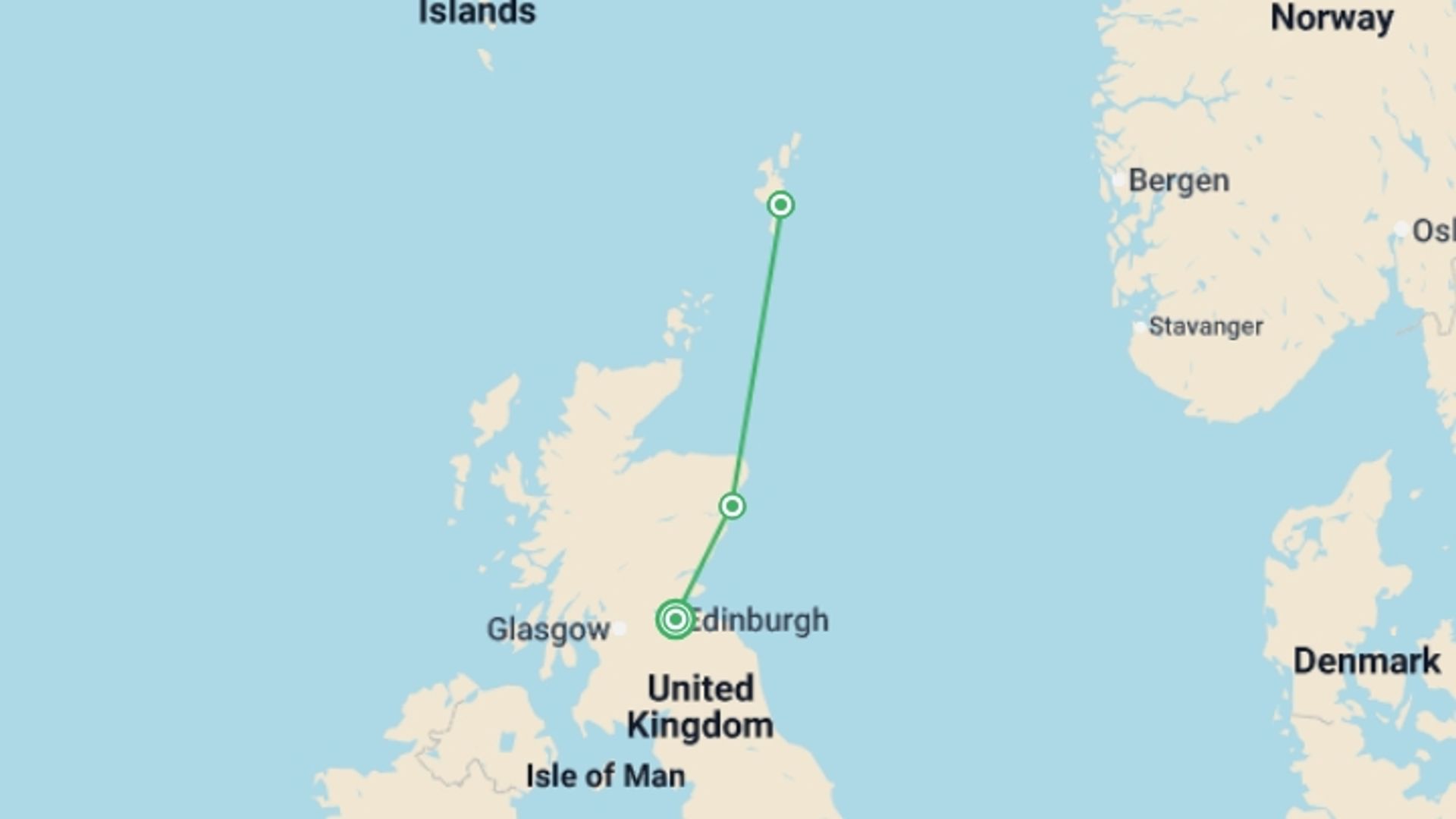 A map showing the tour itinerary for the trip: Up Helly Aa, starting in Edinburgh, Scotland and ending in Edinburgh, Scotland going through 3 other destinations.