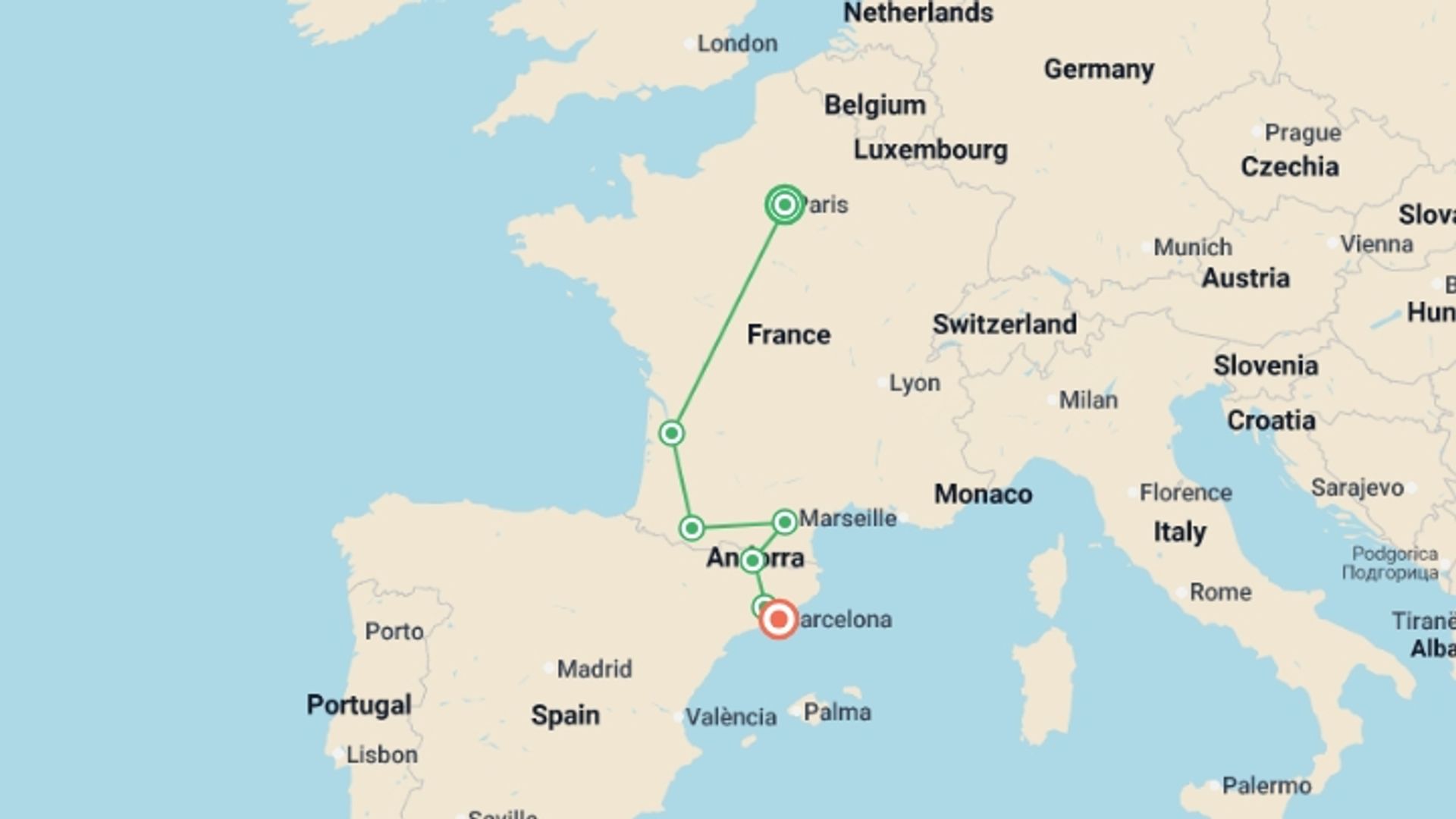 A map showing the tour itinerary for the trip: Paris, Lourdes and Barcelona, starting in Paris, France and ending in Barcelona, Spain going through 2 other destinations.