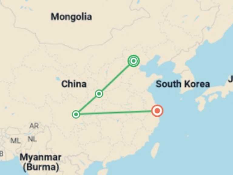 Map itinerary of China Tour in September 2026 with 4 destination visits for the trip: Totally China & Pandas - 11 days
