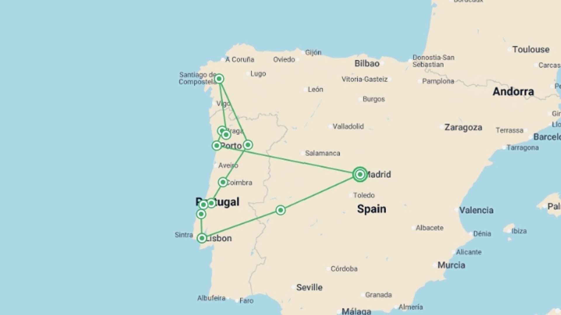 A map showing the tour itinerary for the trip: Portuguese Fado, starting in Madrid, Spain and ending in Madrid, Spain going through 3 other destinations.