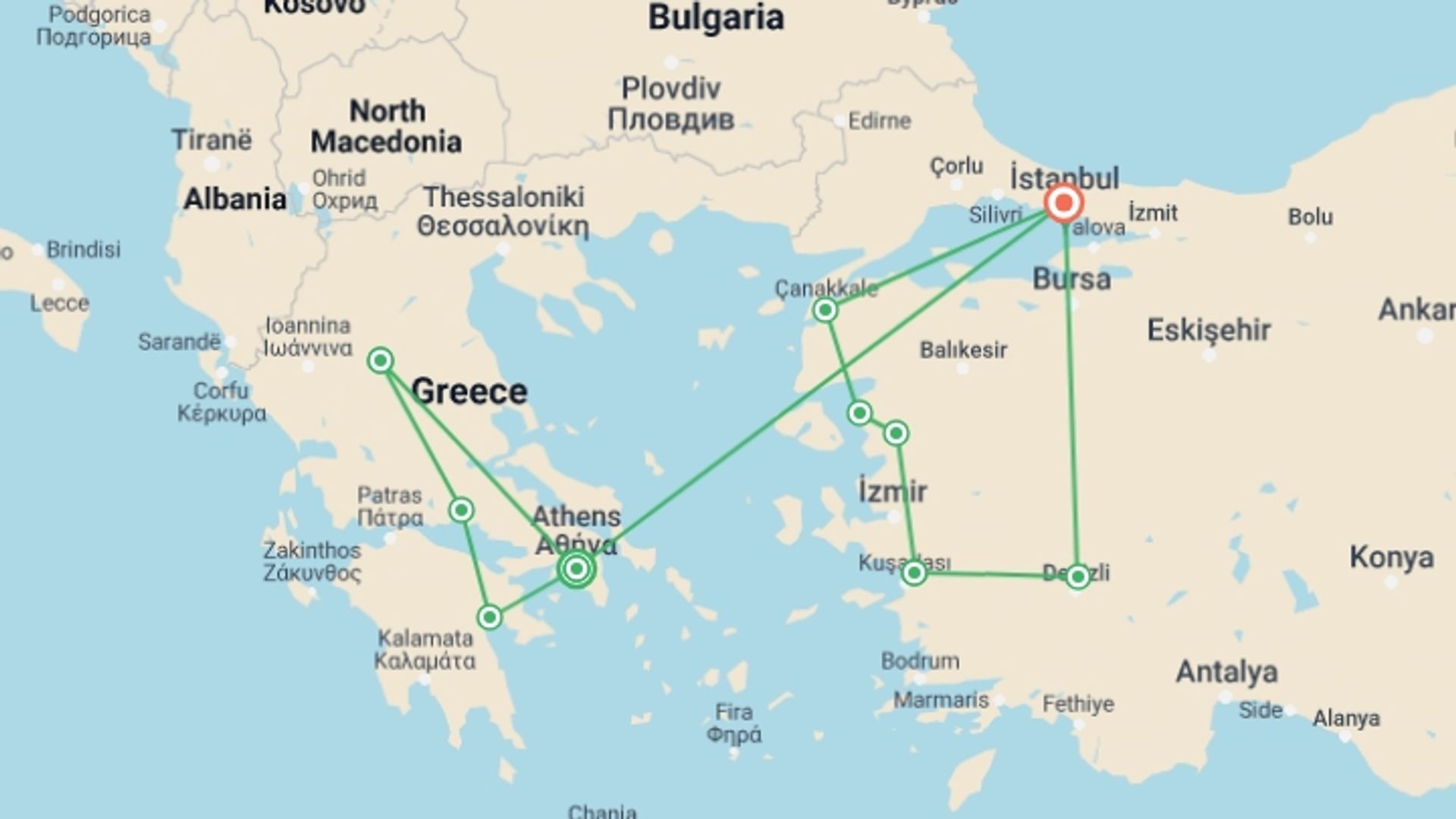 A map showing the tour itinerary for the trip: The Best of Greece & Turkey, starting in Athens, Greece and ending in Istanbul, Turkey going through 7 other destinations.