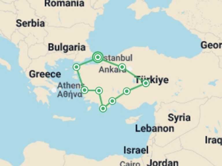 Map of Antalya Cultural, religious and historic sites Tour with 9 destination visits for the trip: Turkey Encompassed