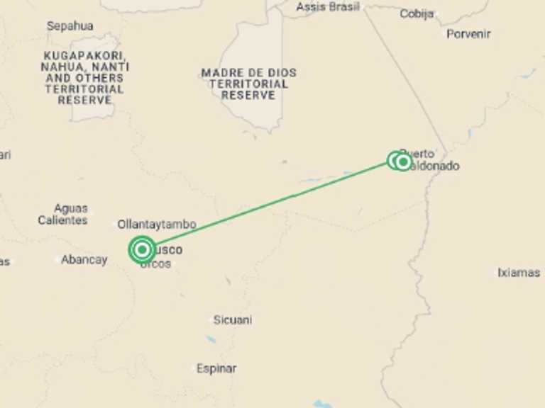 Map of 5-Day Cusco Tour with 2 destination visits for the trip: Puerto Maldonado Amazon Eco-Lodge 5D/4N (from Cuzco)