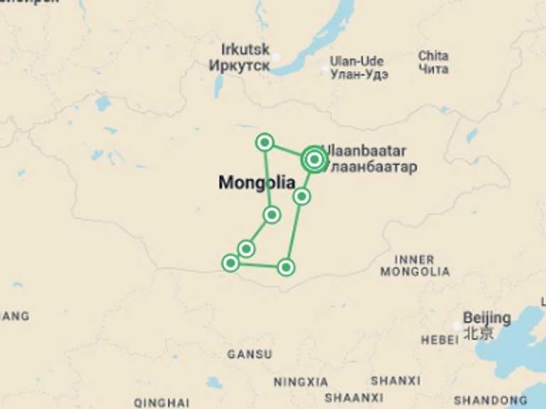 Map itinerary of Mongolia Tour in August 2026 with 7 destination visits for the trip: Mongolia Adventure Tour: Grand Tour Gobi Desert
