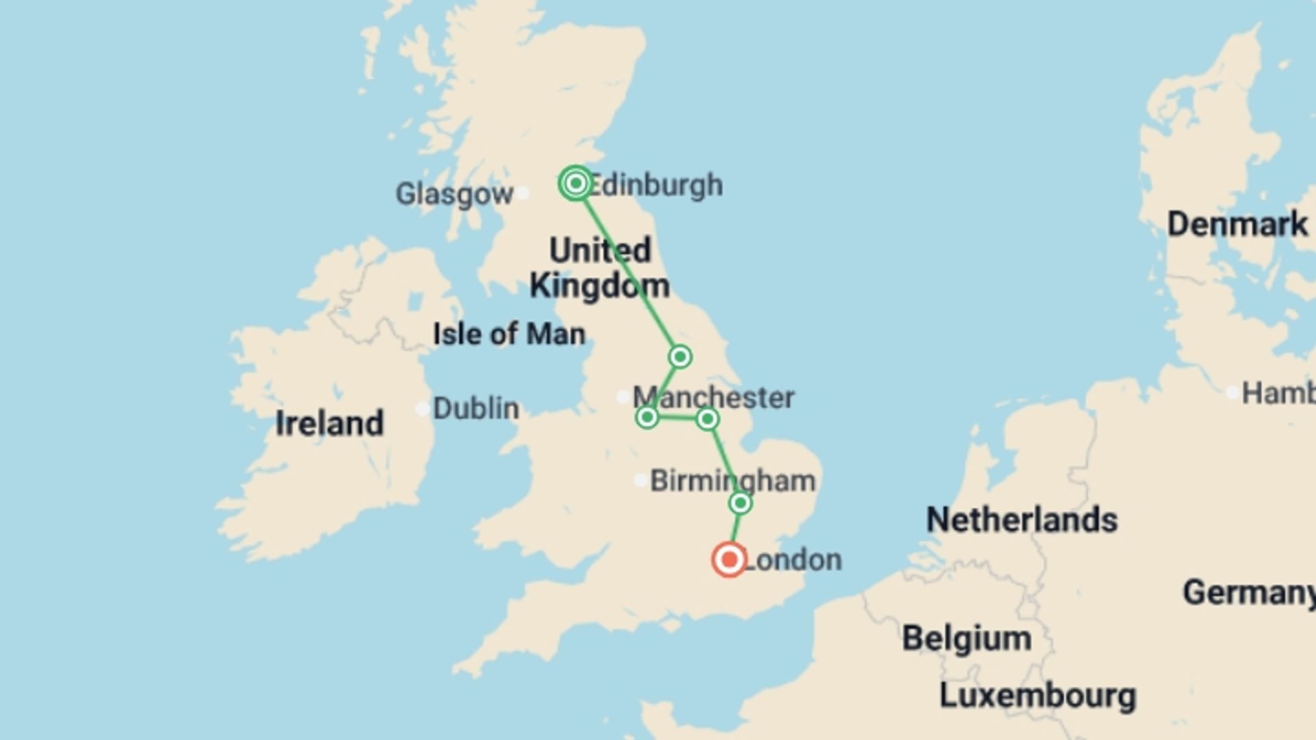 A map showing the tour itinerary for the trip: Enchanting Eastern England, starting in Edinburgh, Scotland and ending in London, England going through 5 other destinations.