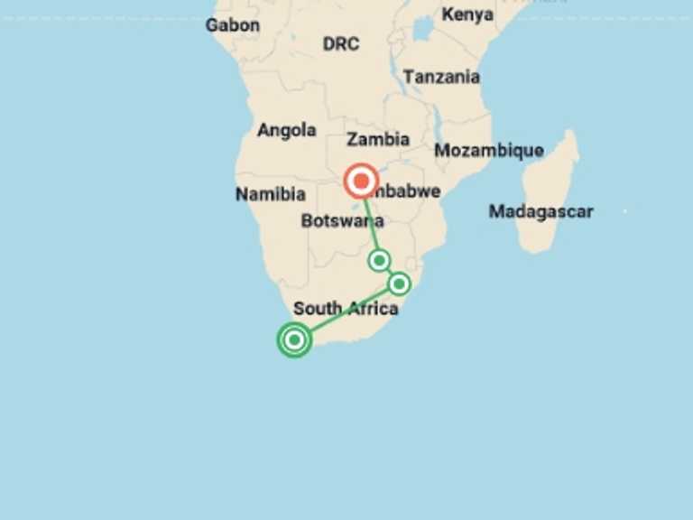 Map of 10-Day Africa Tour with 4 destination visits for the trip: Cape Town Break, Safari & Vic Falls - 10 days