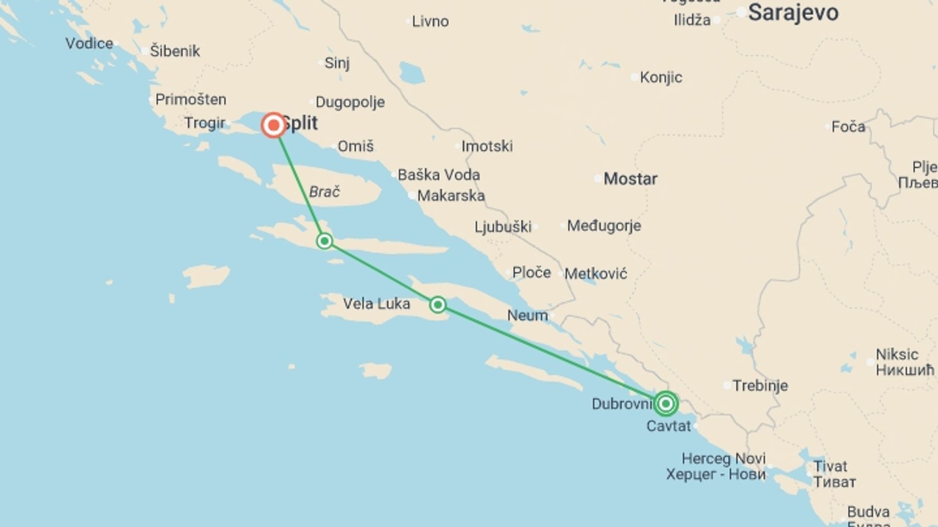 A map showing the tour itinerary for the trip: Croatia Island Hop & Stop - 8 days, starting in Dubrovnik, Croatia and ending in Split, Croatia going through 2 other destinations.