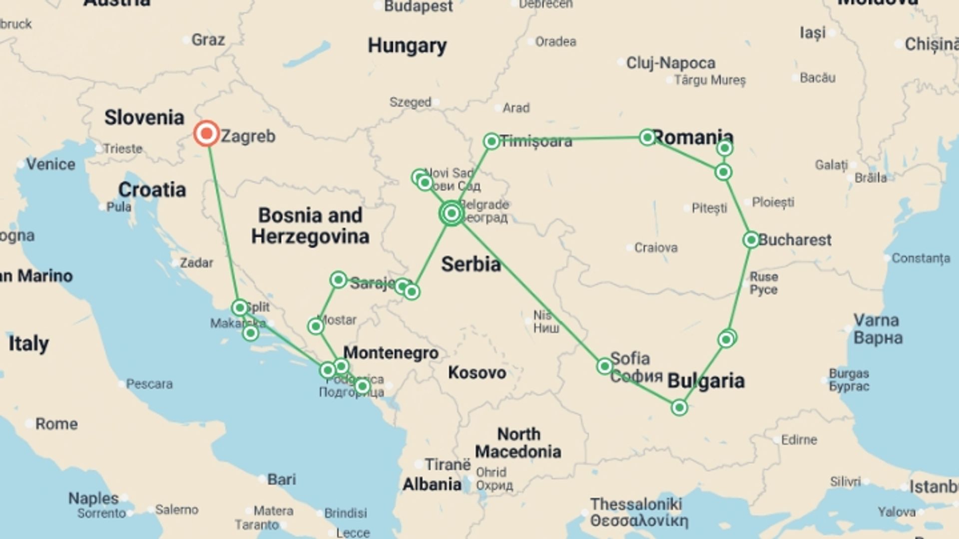A map showing the tour itinerary for the trip: Balkans Encompassed - 22 days, starting in Belgrade, Serbia and ending in Zagreb, Croatia going through 11 other destinations.