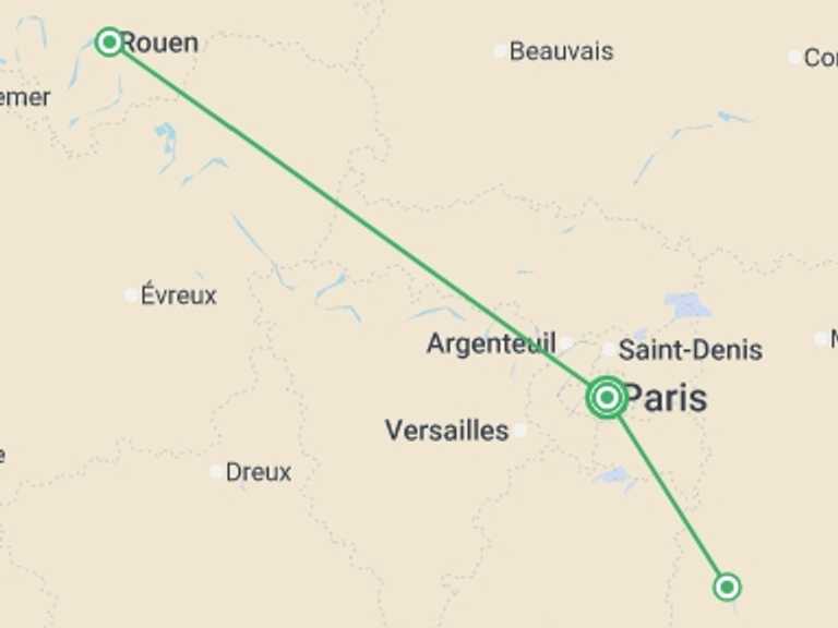 Map of Paris Tour with 3 destination visits for the trip: The history of France from Paris to Normandy, and the exceptional gathering of tall ships at the Armada de Rouen. (port-to-port cruise)