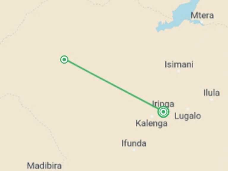 Map of Iringa Wildlife safaris and game drives Tour with 2 destination visits for the trip: The Adventure in Ruaha National Park