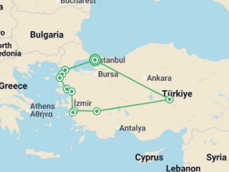 Map of 10-Day Turkey Tour with 7 destination visits for the trip: Anzac Day Tour-10 Days