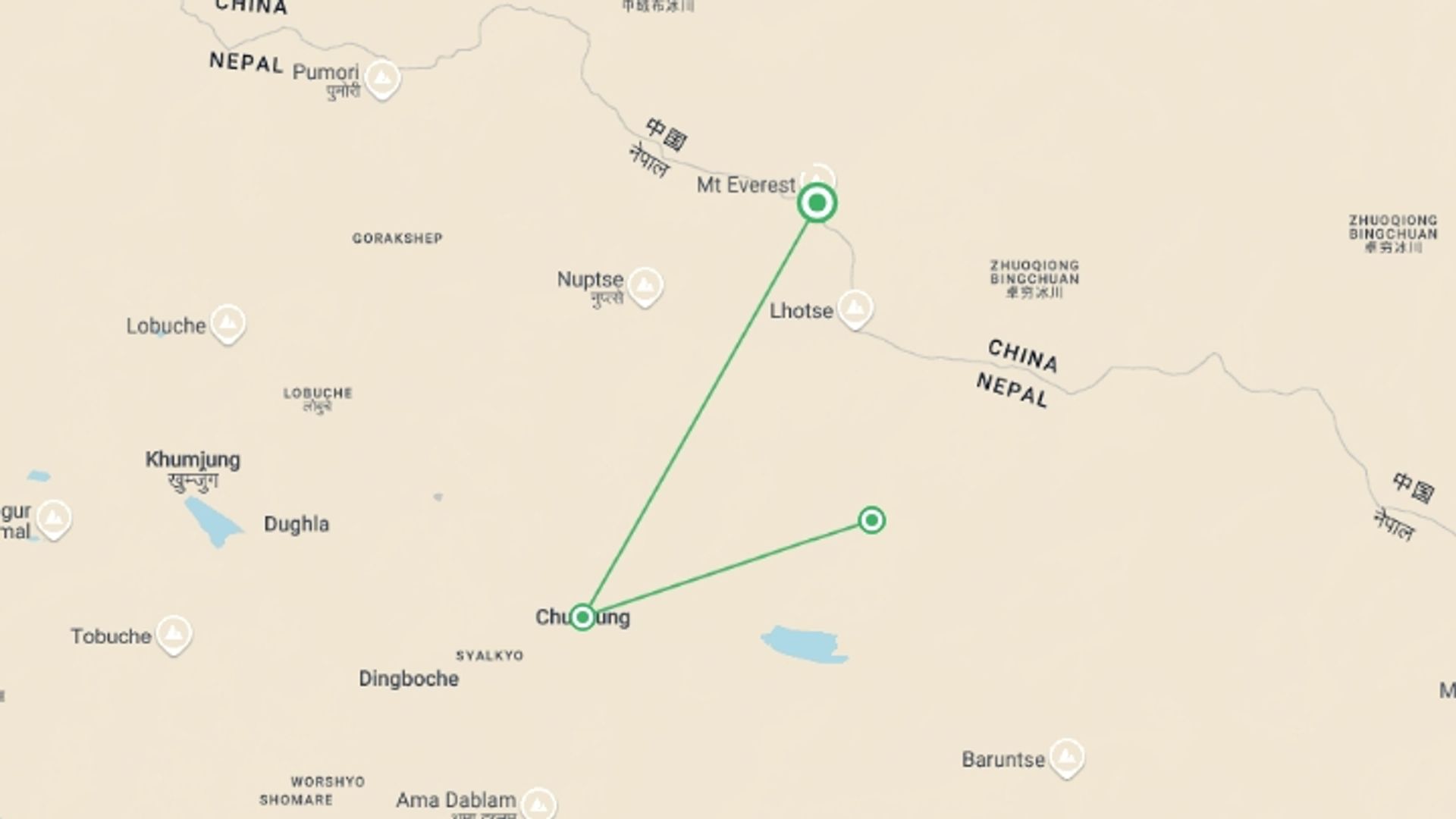 A map showing the tour itinerary for the trip: Island Peak Short Climb, starting in Everest Region, Nepal and ending in Everest Region, Nepal going through 3 other destinations.