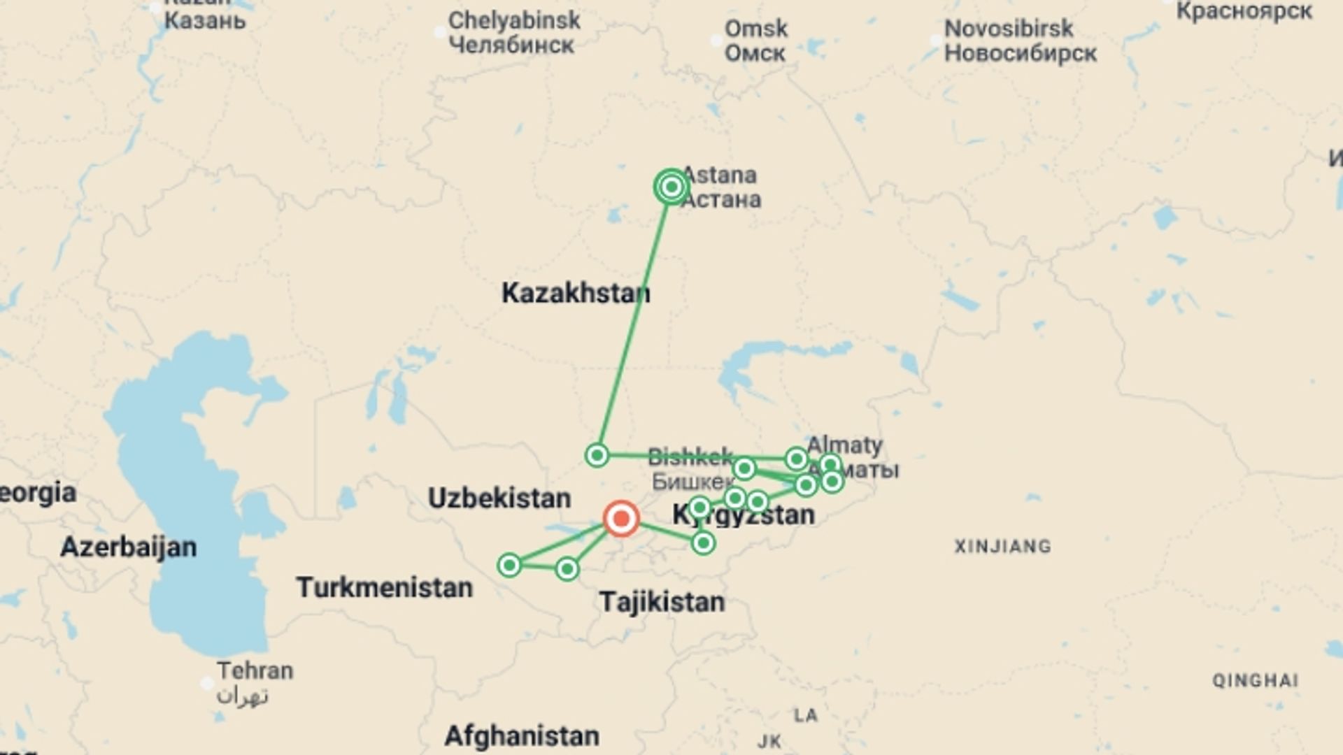 A map showing the tour itinerary for the trip: Astana to Tashkent, starting in Astana, Kazakhstan and ending in Tashkent, Uzbekistan going through 12 other destinations.