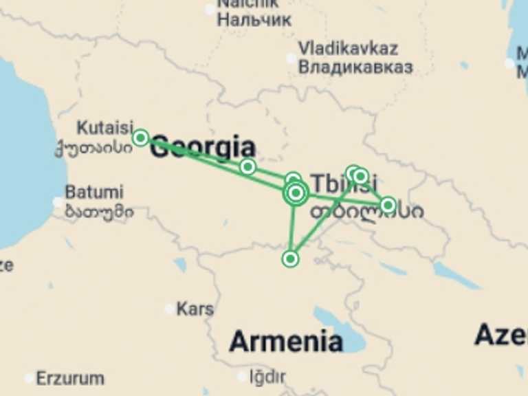 Map itinerary of Europe Tour in Fall with 3 destination visits for the trip: Georgia Winter Explorer - 7 days 