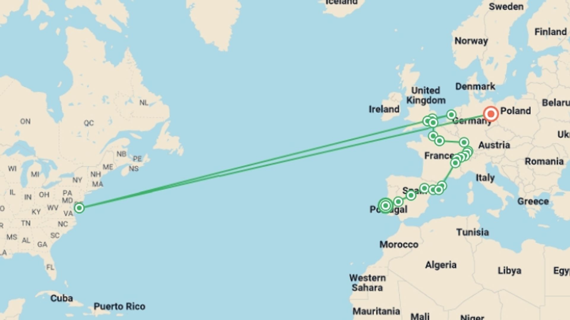 A map showing the tour itinerary for the trip: European Colours, starting in Lisbon, Portugal and ending in Berlin, Germany going through 11 other destinations.