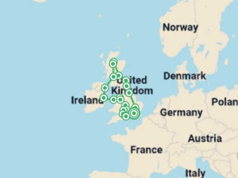 Map itinerary of Glasgow Tour in August 2026 with 8 destination visits for the trip: Scotland, Ireland, and Southern England