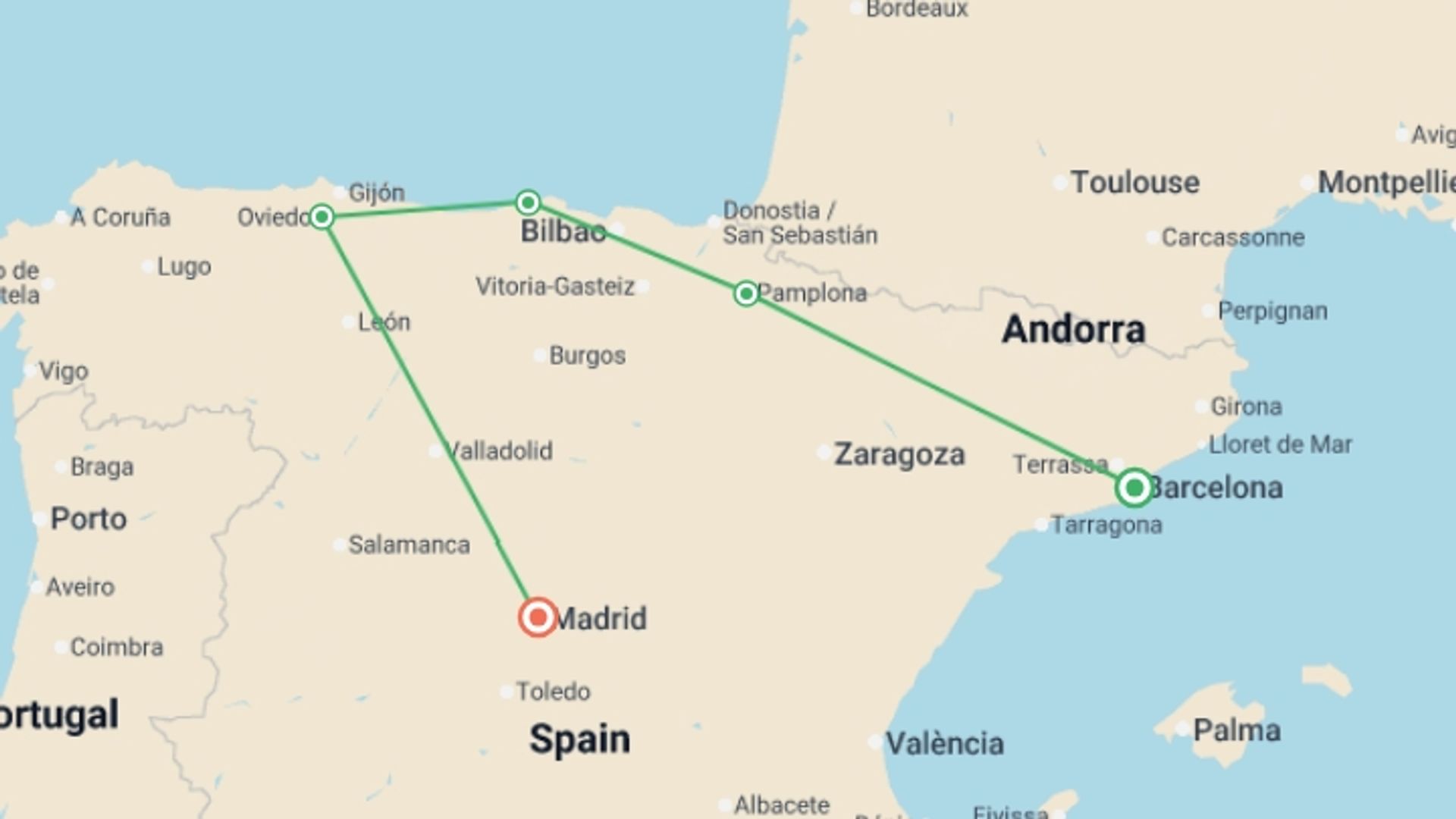 A map showing the tour itinerary for the trip: Classic Northern Spain - 4 days, starting in Barcelona, Spain and ending in Madrid, Spain going through 3 other destinations.