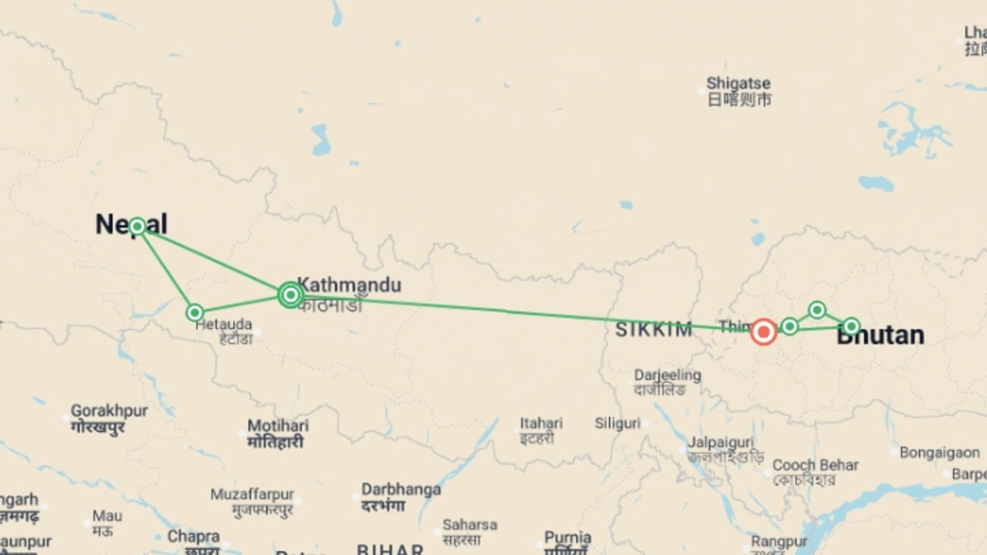 A map showing the tour itinerary for the trip: Premium Nepal & Bhutan, starting in Kathmandu, Nepal and ending in Paro, Bhutan going through 5 other destinations.