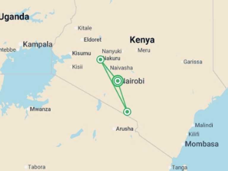 Map itinerary of Africa Tour in September 2026 with 3 destination visits for the trip: Journeys: Kenya Safari Experience