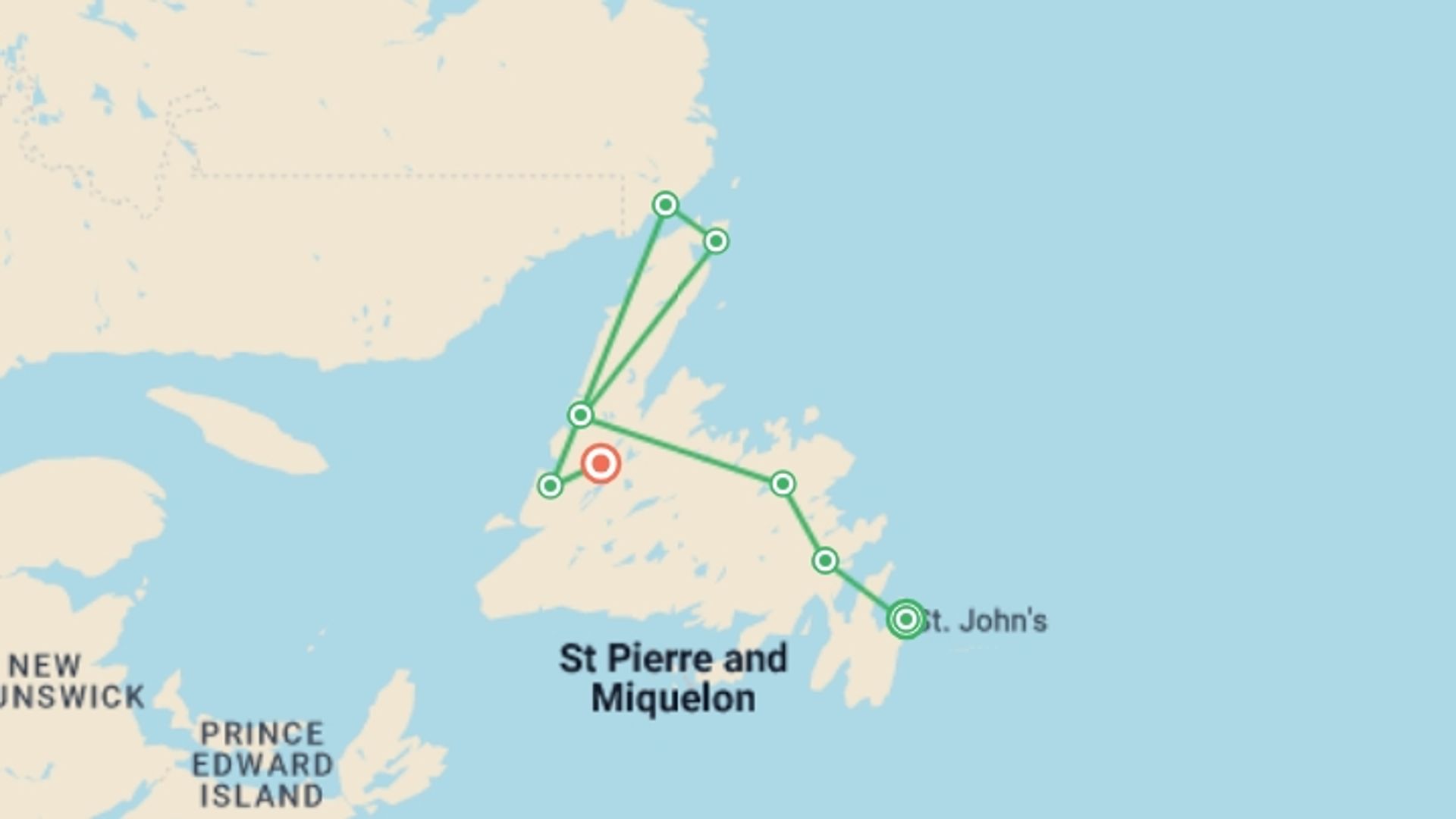 A map showing the tour itinerary for the trip: Scenic Wonders of Newfoundland and Labrador, starting in St. John's, Canada and ending in Deer Lake, Canada going through 6 other destinations.