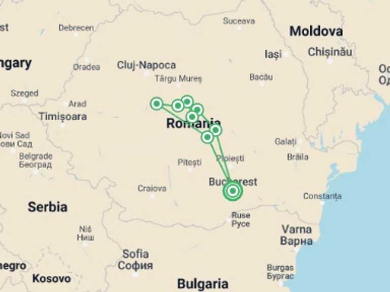 Map of Romania Tour with 9 destination visits for the trip: Cycle Romania