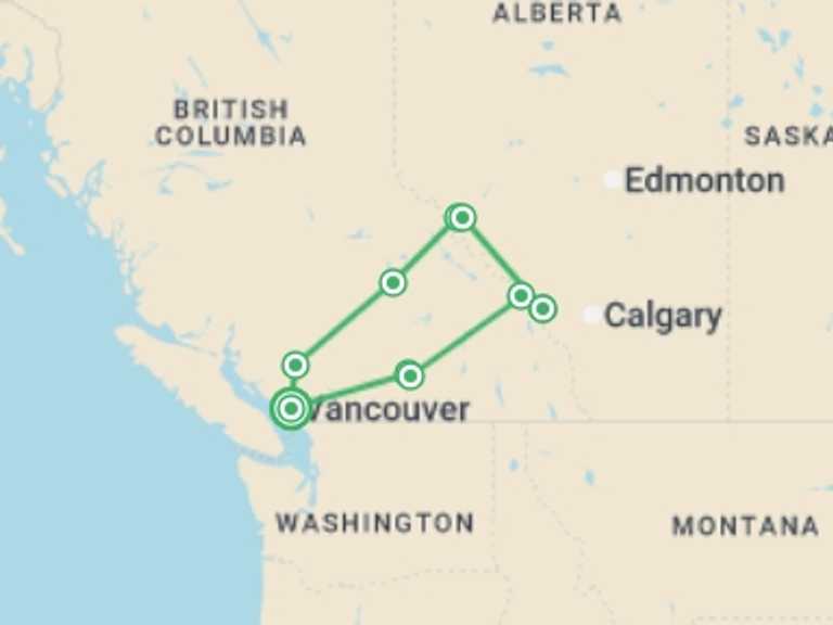 Map itinerary of Canada Tour in June 2026 with 7 destination visits for the trip: Best of West Canada - 8 days