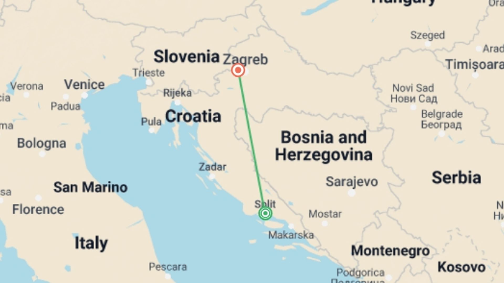 A map showing the tour itinerary for the trip: Split And Zagreb, Private Tour, starting in Split, Croatia and ending in Zagreb, Croatia going through 0 other destinations.