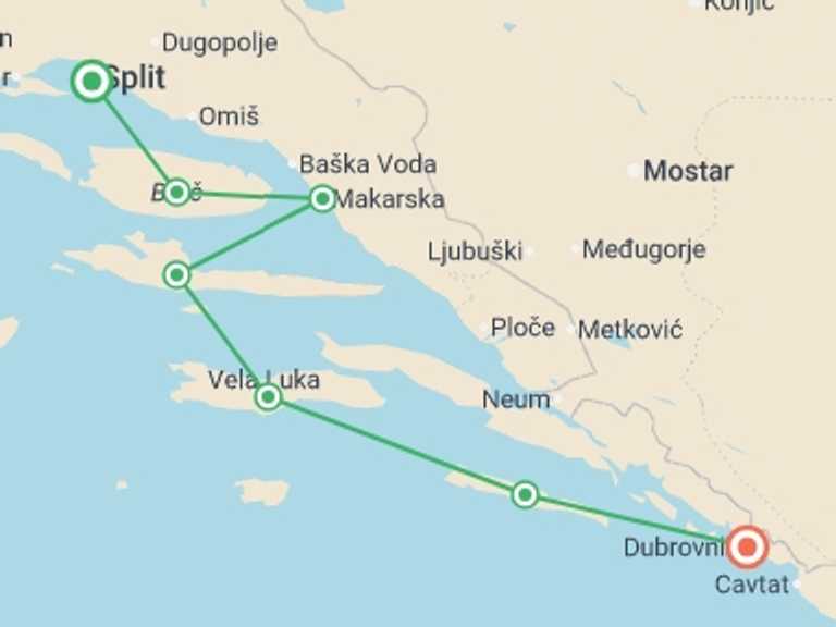 Map of a Active and outdoor Tour with 7 destination visits for the trip: Sail Split to Dubrovnik / Premier Boat