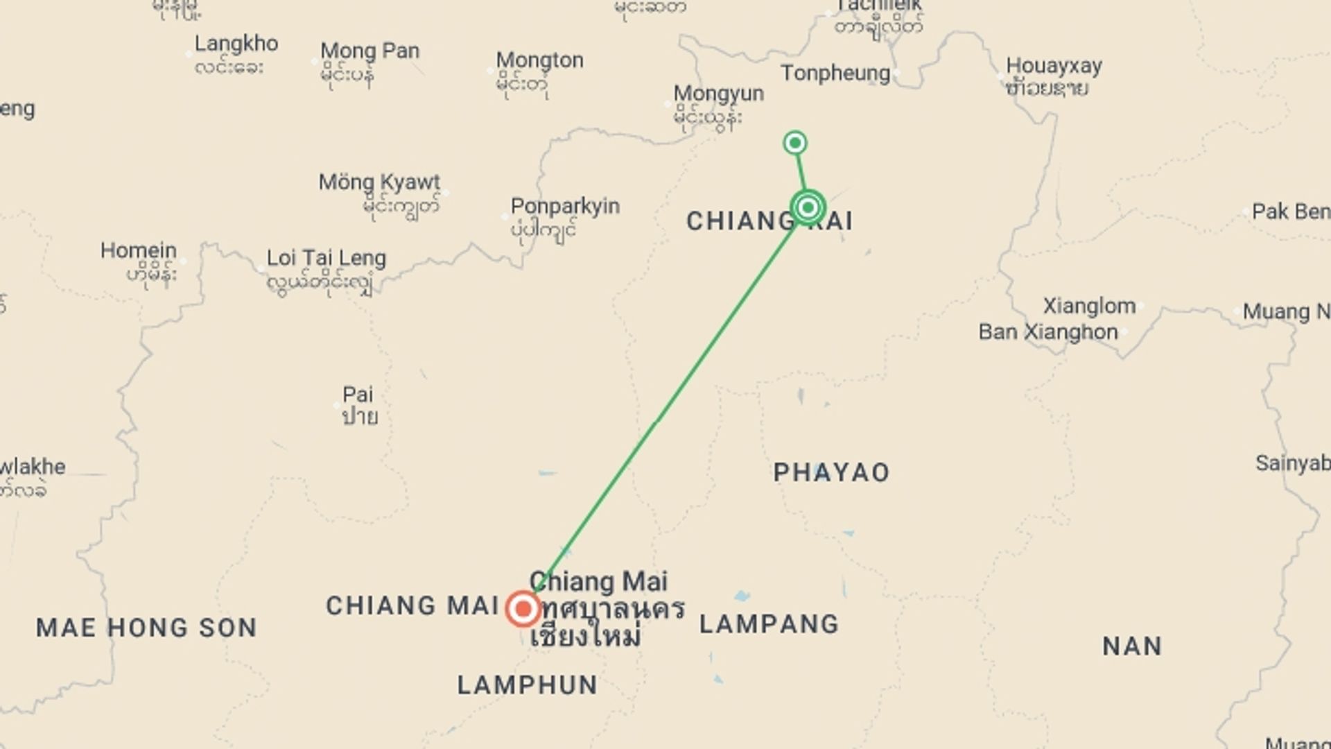 A map showing the tour itinerary for the trip: North Thailand Highlights, Private Tour, starting in Chiang Rai, Thailand and ending in Chiang Mai, Thailand going through 0 other destinations.