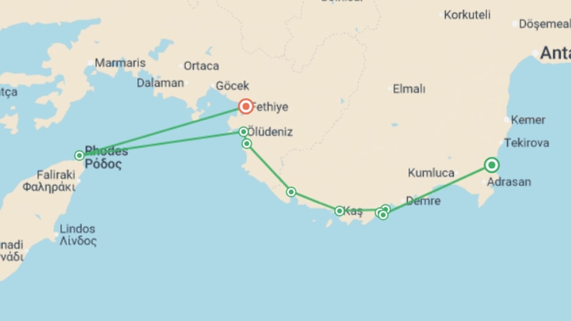A map showing the tour itinerary for the trip: Olympos to Fethiye Sailing Adventure - 4 days, starting in Olympos, Turkey and ending in Fethiye, Turkey going through 3 other destinations.