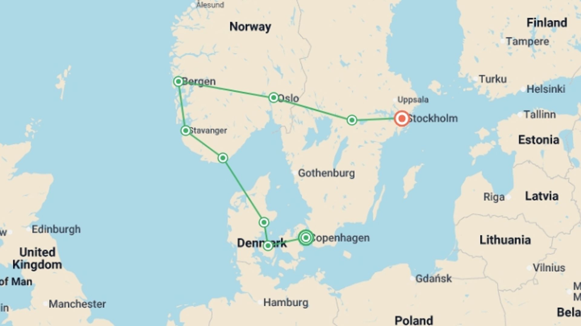 A map showing the tour itinerary for the trip: Highlights of Scandinavia, starting in Copenhagen, Denmark and ending in Stockholm, Sweden going through 4 other destinations.