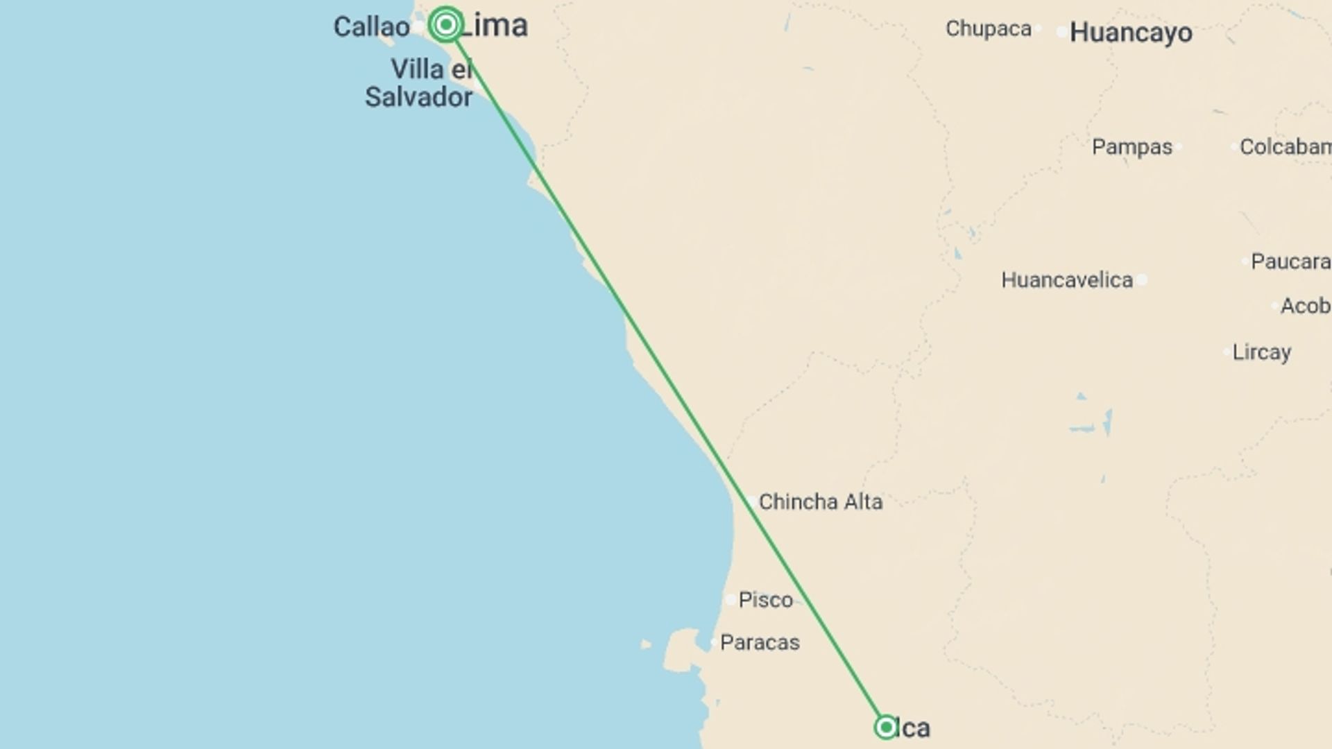 A map showing the tour itinerary for the trip: Dunes & Vineyards, starting in Lima, Peru and ending in Lima, Peru going through 1 other destinations.
