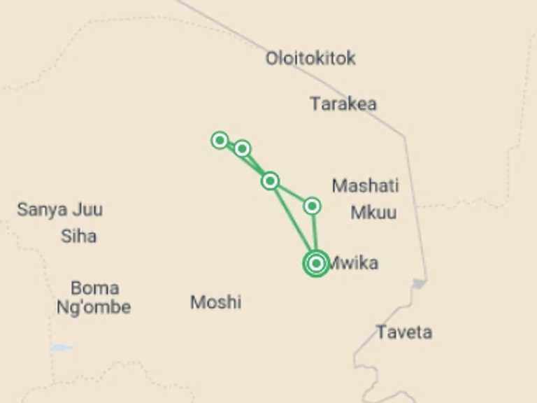 Map itinerary of Africa Tour in January 2026 with 5 destination visits for the trip: Kilimanjaro: Marangu Route