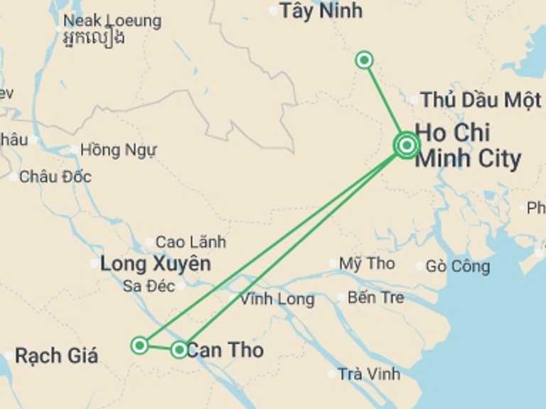 Map itinerary of South East Asia Tour in August 2026 with 2 destination visits for the trip: Saigon, Cu Chi & Mekong Delta - 6 days
