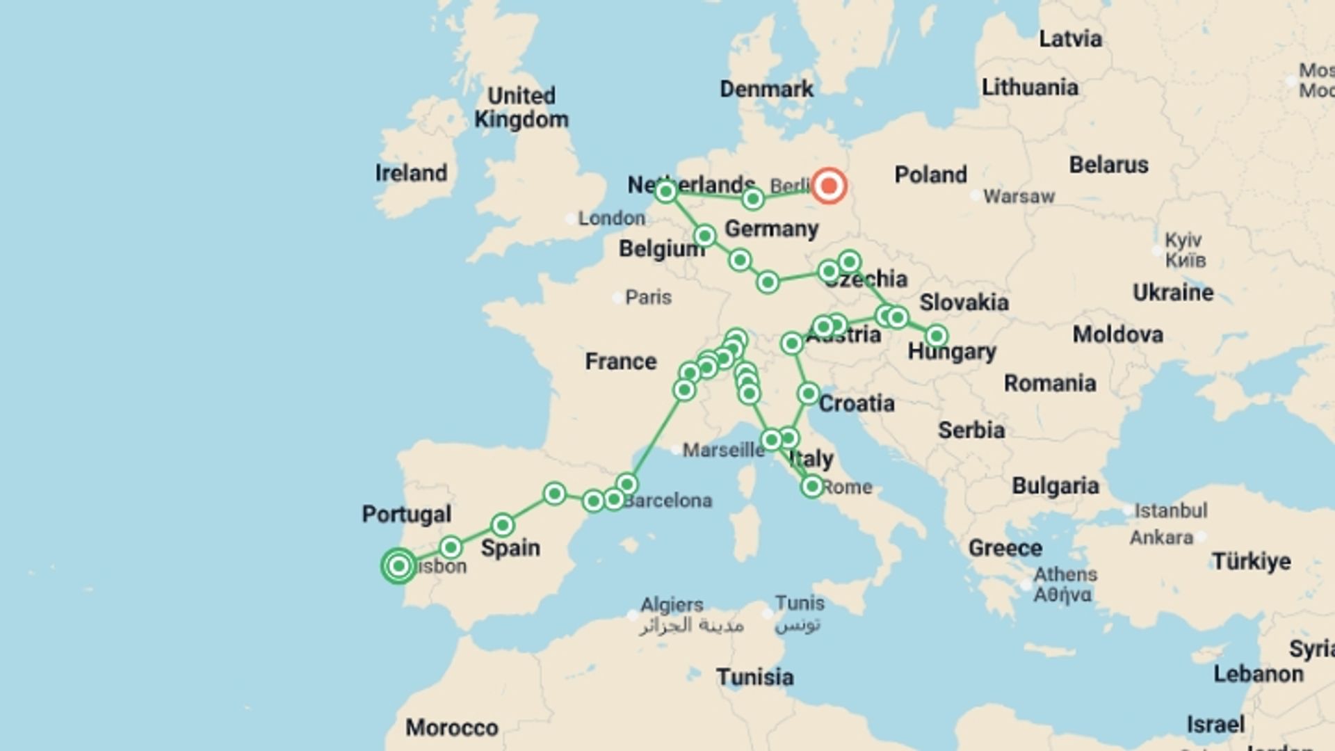 A map showing the tour itinerary for the trip: All Europe, starting in Lisbon, Portugal and ending in Berlin, Germany going through 16 other destinations.