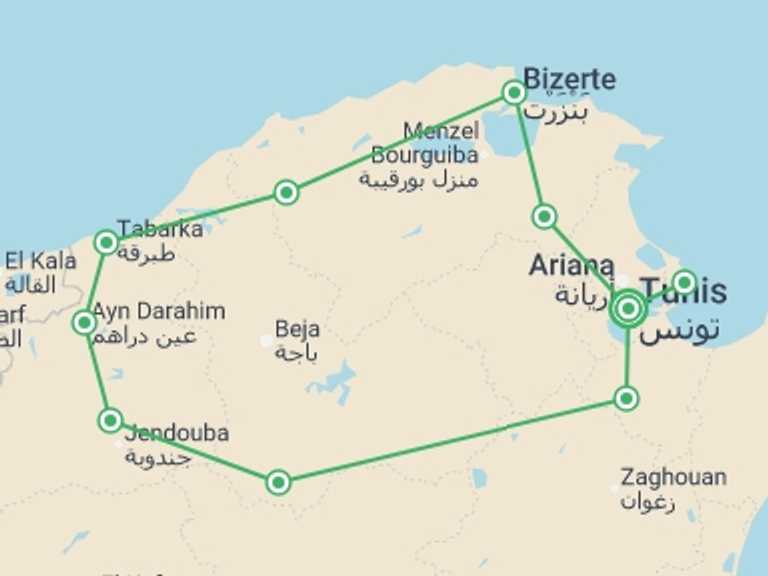 Map itinerary of Tunisia Tour in February 2027 with 3 destination visits for the trip: Nature And Culture, Small Group Tour