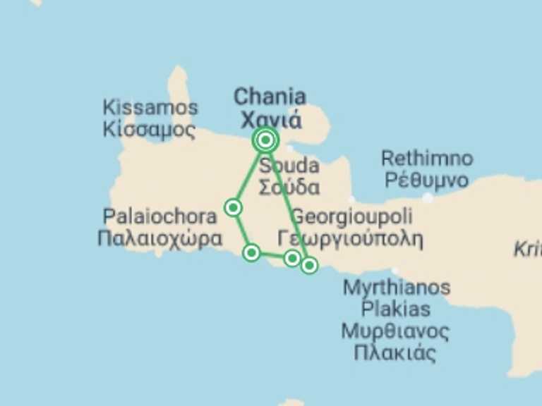Map of Europe Trekking and Hiking Tour with 6 destination visits for the trip: Exploring Crete
