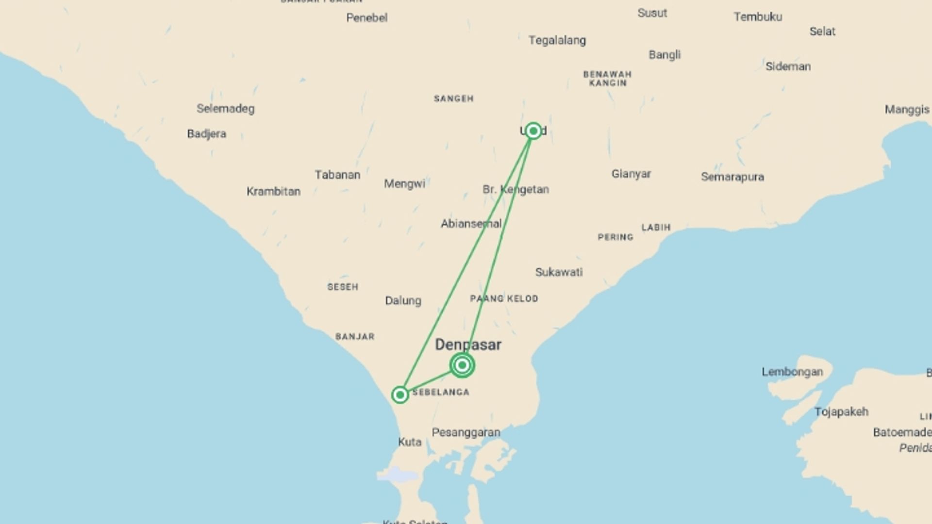 A map showing the tour itinerary for the trip: Romance Of Bali, Private Tour, starting in Denpasar, Indonesia and ending in Denpasar, Indonesia going through 2 other destinations.